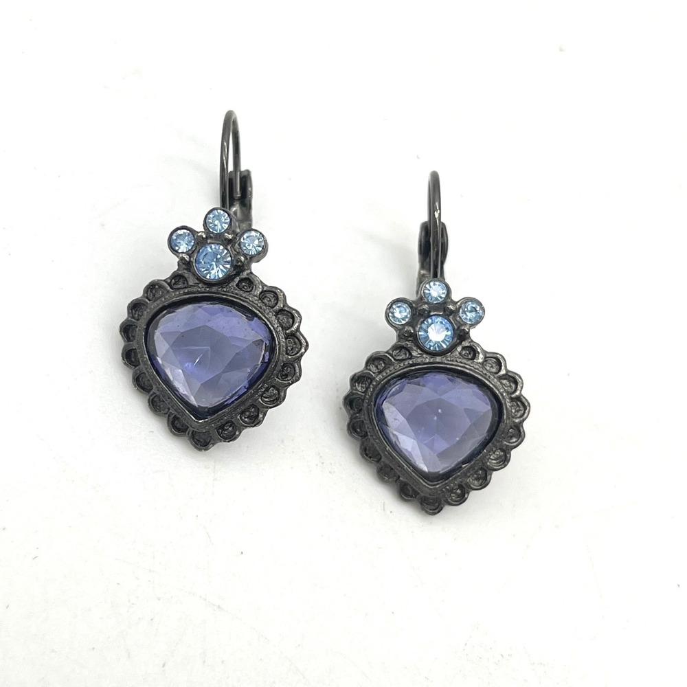 Joan Rivers Purple Heart Crystal Drop Earrings Gunmetal Leverback Vintage Style